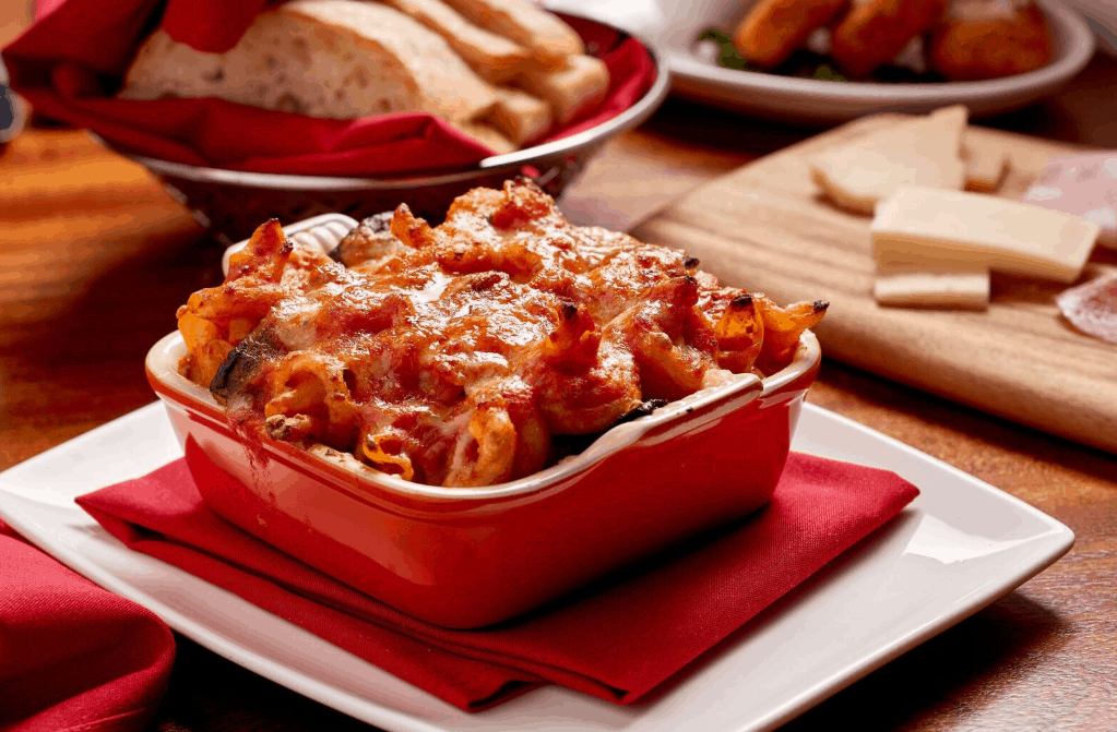 Cheesy baked pasta in a red dish at Morimoto Asia, served on white plate with bread—perfect for Magical Dining Month at Disney.