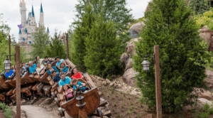 Guests soar on a thrilling coaster past lush woods with Cinderella Castle in view, experiencing Early Morning Magic at Disney World.