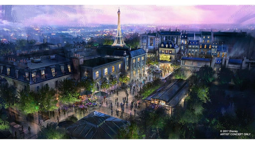 Immersive Paris-inspired street scene at dusk with Eiffel Tower views, evoking the charm of Disney World's 2019 attractions.