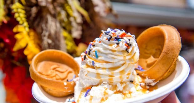 Disney World’s fall favorite: two pumpkin-shaped waffles topped with whipped cream, caramel drizzle, and festive sprinkles.