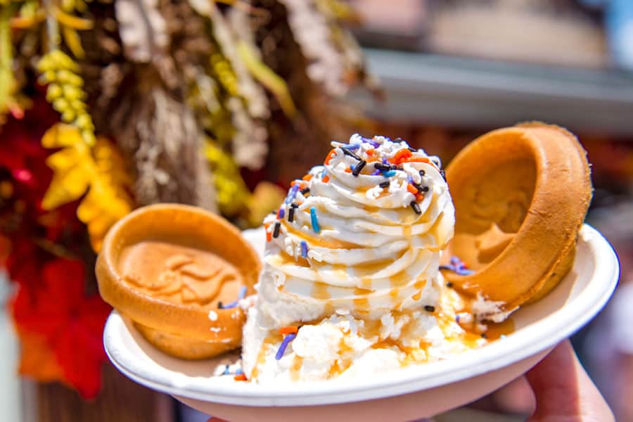 Disney World’s fall favorite: two pumpkin-shaped waffles topped with whipped cream, caramel drizzle, and festive sprinkles.