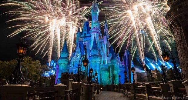 Cinderella Castle glowing at night as dazzling fireworks light up the sky, setting a festive Halloween scene at Disney World.
