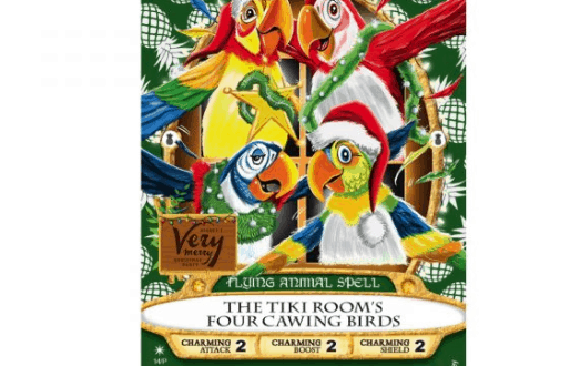 The Tiki Room’s famous parrots sing on a Sorcerers of the Magic Kingdom card celebrating Walt Disney World’s iconic attraction.