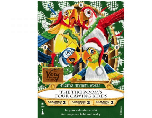 The Tiki Room’s famous parrots sing on a Sorcerers of the Magic Kingdom card celebrating Walt Disney World’s iconic attraction.