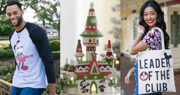 Fans in Mickey Mouse shirts enjoy Disney Springs, while a festive castle display with Mickey and Minnie debuts new World of Disney merch.