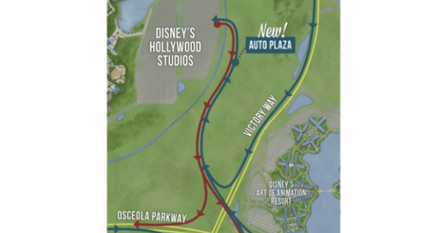 Map highlighting guest routes to Disney’s Hollywood Studios’ new entrance and Auto Plaza by Victory Way and Osceola Parkway.
