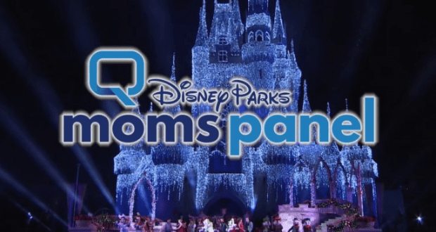 Disney World castle glowing at night with the Disney Parks Moms Panel logo in blue and white, highlighting park magic.