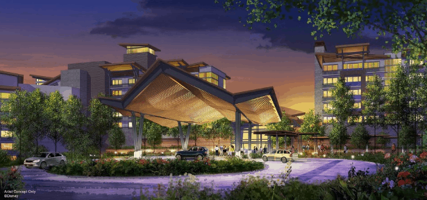 Entrance to Disney World’s new resort at dusk, with grand wooden canopy, lush gardens, and magical, welcoming energy.