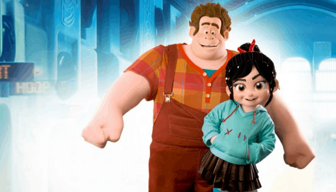 Ralph and Vanellope beam together in a vibrant digital world, welcoming guests to an enchanting Disney World meet and greet.