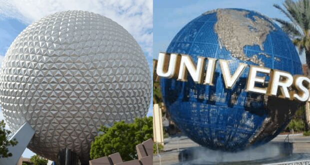 The image shows two iconic structures: on the left is Epcot's geodesic sphere at Disney World, and on the right is the Universal Studios globe. Both symbols are surrounded by trees and blue skies.