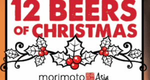 12 Beers of Christmas" headline with holly, Morimoto Asia logo, and festive vibes at Walt Disney World’s seasonal celebration.