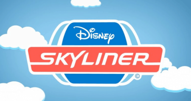 Disney Skyliner logo against a sky of playful clouds, marking Opening Fall 2019 at Walt Disney World Resort.