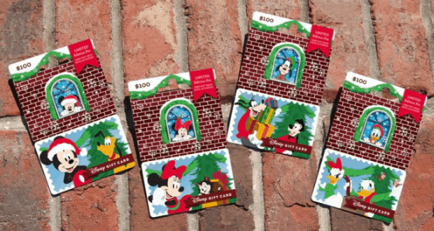 2018 Walt Disney World Holiday Gift Cards with festive designs of Mickey, Minnie, Donald, and Goofy set against a brick wall.