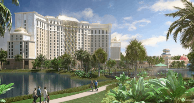 Gran Destino Tower: luxe Disney World hotel with domed roofs, lakeside views, palm trees, and gardens—perfect for park fans.