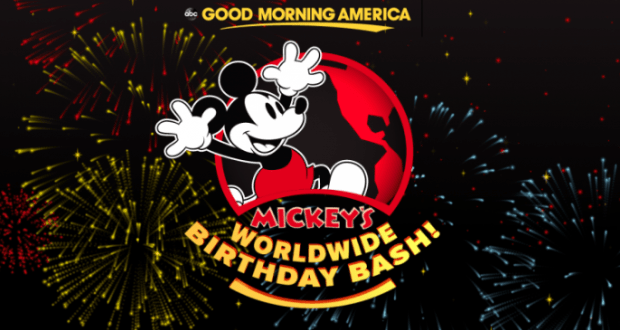 Mickey Mouse with vibrant fireworks behind him, announcing "Mickey’s Worldwide Birthday Bash!" at Disney Resorts with GMA.