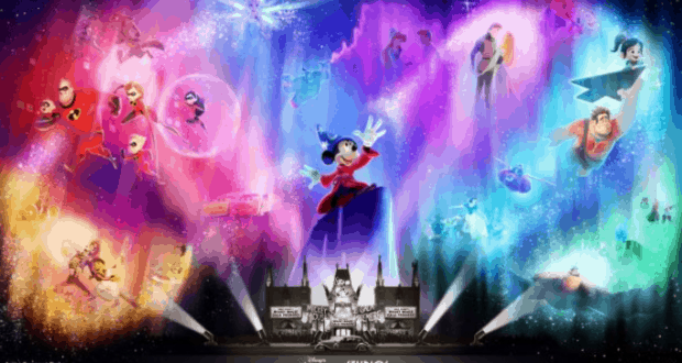 Sorcerer Mickey leads Disney friends over Hollywood Studios, capturing the vibrant magic and anticipation of new park attractions.