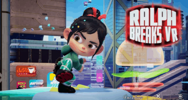 Ralph Breaks VR lights up a digital billboard as an animated racer prepares to launch in a dazzling Disney-inspired cityscape.