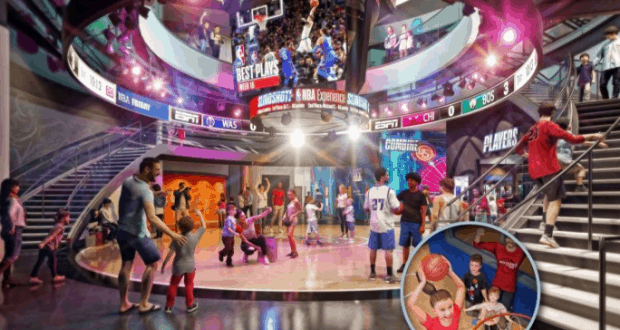 Guests of all ages shoot hoops and enjoy energetic basketball challenges amid vibrant screens at the NBA Experience in Disney World.
