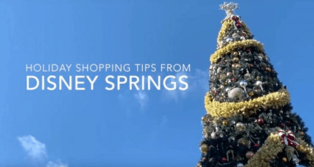 Christmas tree decked with Disney ornaments at Disney Springs, blue sky above. Text: Holiday Shopping Tips at Walt Disney World.