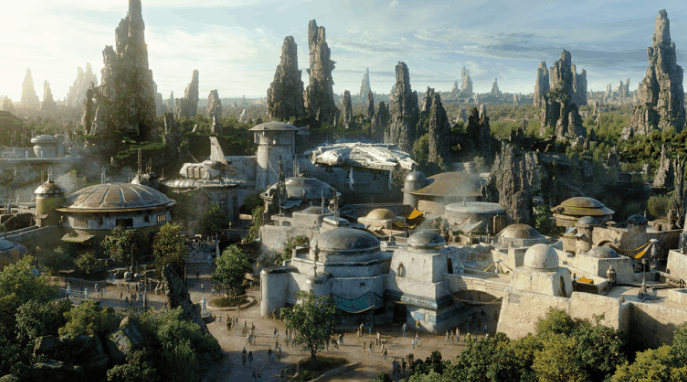A bustling Star Wars: Galaxy’s Edge scene with round sci-fi buildings, rocky spires, and crowds under a vibrant sky.