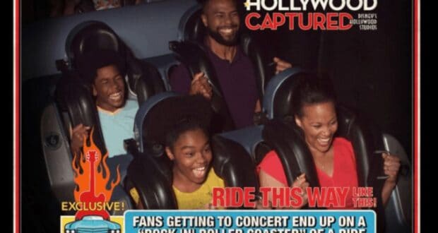 Four people smiling and laughing while riding a roller coaster at night. They are seated in two rows, wearing harnesses. A graphic on the image reads "Hollywood Captured" and "Ride This Way.