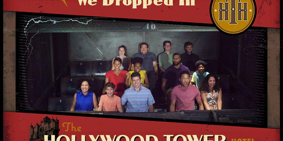 A group of people on a theme park ride at the Hollywood Tower Hotel, seated in rows, expressing surprise and excitement. The image is framed with themed design elements, including a logo and decorative text.