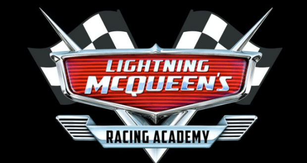 Lightning McQueen's Racing Academy logo with checkered flags and bold text on black, hyping the grand debut at Disney World.