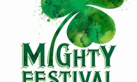 A green shamrock above “Mighty Festival St. Patrick’s Week” celebrates Raglan Road’s St. Patrick’s festival at Disney World.