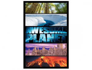 Awesome Planet" shines in bold blue, surrounded by four epic nature scenes capturing Epcot’s breathtaking Disney magic.