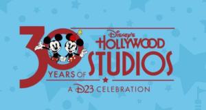 Disney’s Hollywood Studios 30th Anniversary logo with Mickey and Minnie on a starry blue backdrop, celebrating at Walt Disney World.