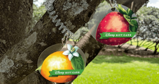 Disney gift cards with playful fruit designs dangle from a tree branch on wrist coils at Epcot’s Flower & Garden Festival.