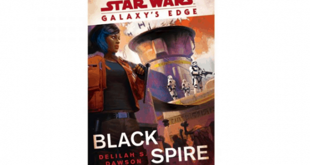 Black Spire Outpost cover art shows Vi Moradi and stormtroopers amid the lively atmosphere of Star Wars: Galaxy’s Edge.