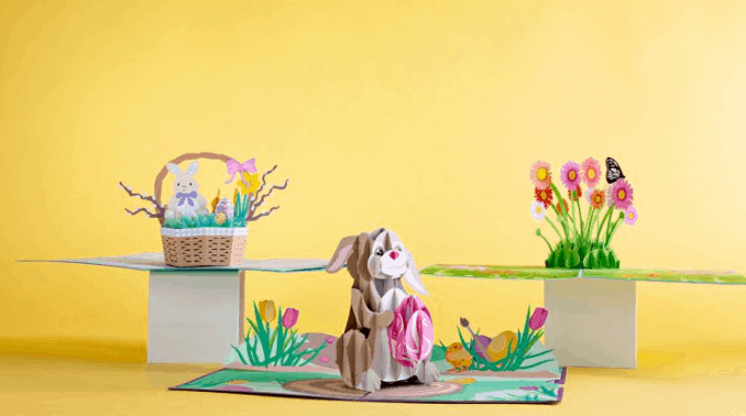 Festive Disney World Easter pop-up card with bunny, basket, flowers, and butterfly on yellow—magical spring park fun!.