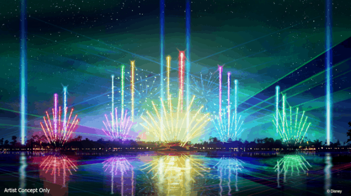 Dazzling fireworks and lasers light up the Epcot lake, their vivid colors mirrored in the water during Epcot Forever.