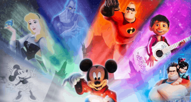 Mickey Mouse with Disney and Pixar friends in radiant panels, celebrating the 30th Anniversary of Hollywood Studios’ magic.
