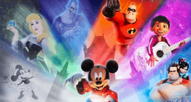 Colorful animated collage of Disney icons like Mickey, Cinderella, and Mr. Incredible celebrating Hollywood Studios' anniversary.