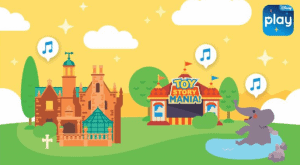 Whimsical castle, Toy Story Mania tent, and hippo by a pond in a vibrant Disney park scene inspired by Play Disney Parks App.