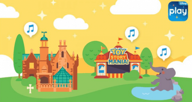 Whimsical castle, Toy Story Mania tent, and hippo by a pond in a vibrant Disney park scene inspired by Play Disney Parks App.