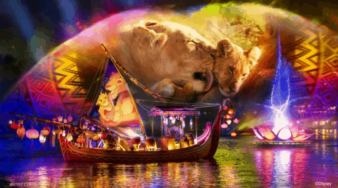 Lion King-themed boat glides across Rivers of Light at Disney World, surrounded by dazzling lights and iconic lion characters.