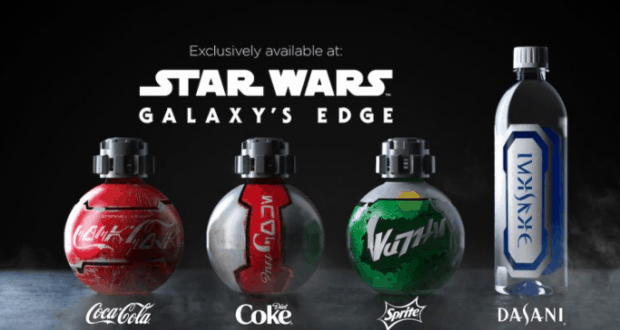 Coca-Cola, Diet Coke, Sprite, and Dasani bottles with unique Star Wars labels available at Galaxy’s Edge in Disney parks.