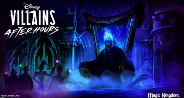 Hades glows atop his throne with Disney villains in front, setting a thrilling vibe for Magic Kingdom’s Villains After Hours event.