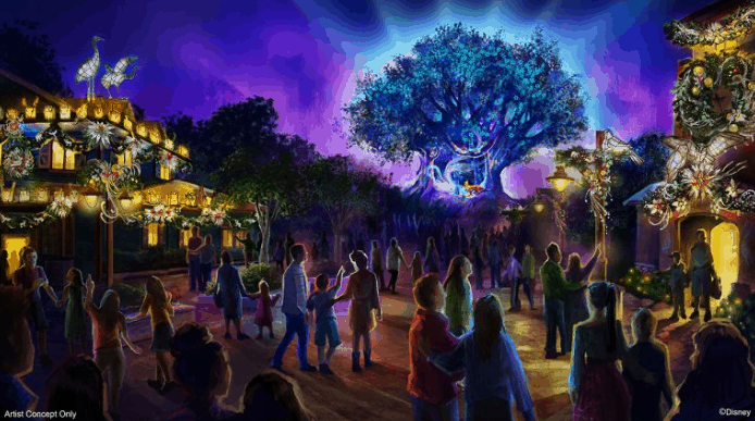Guests revel in a lively Disney World park scene, surrounded by dazzling holiday décor and festive entertainment.