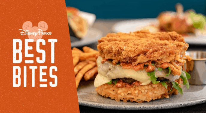 Disneyland’s crispy fried chicken sandwich with cheese and greens, plus fries, stars in the “Disney Parks Best Bites” lineup.