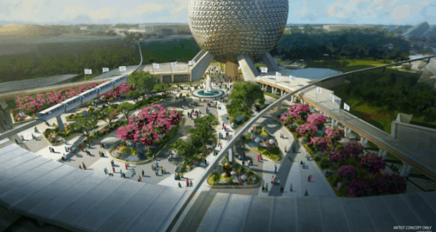 Futuristic Epcot concept art shown at D23 Expo 2019, spotlighting lush gardens and the iconic Spaceship Earth sphere.