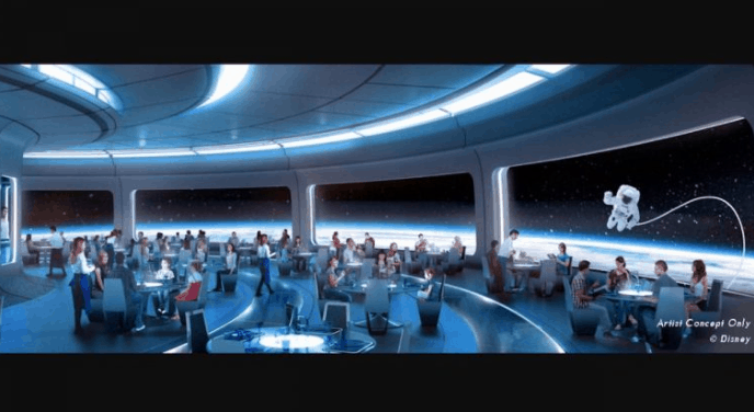 Space 220 Restaurant at Epcot featuring panoramic windows overlooking outer space, with an astronaut floating just outside.