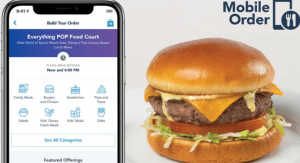 A smartphone with a food order app and a classic Disney World cheeseburger spotlights easy Mobile Order in the parks.