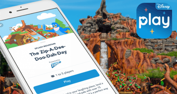 The Play Disney Parks App with a Splash Mountain game is showcased on a phone, set against Walt Disney World’s iconic ride.