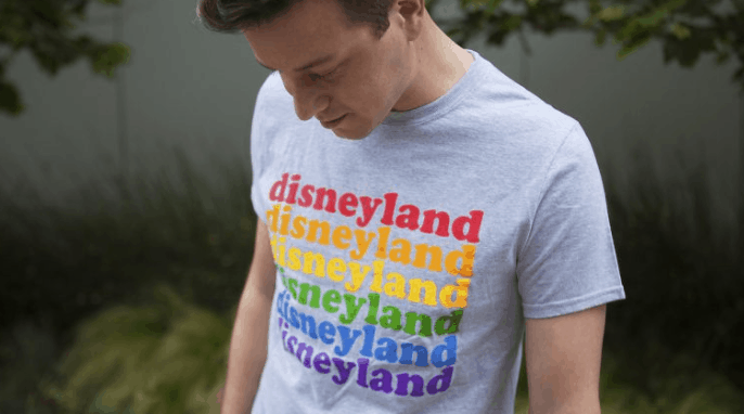 The Rainbow Disney Collection’s gray tee showcases "disneyland" in vibrant rainbow hues—perfect for park fans and collectors.