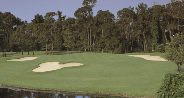 Lush Disney golf course with sand bunkers, water hazard, and trees—ideal green for tournaments just steps from park magic.