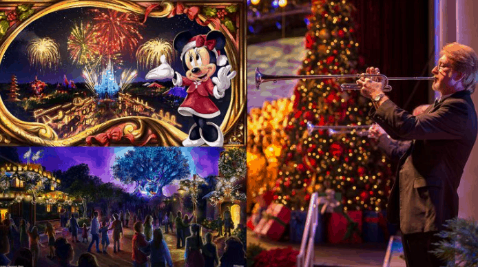 Collage of Disney World holiday magic: fireworks, Minnie Mouse, festive crowds, and a trumpet player by Christmas trees in 2019.